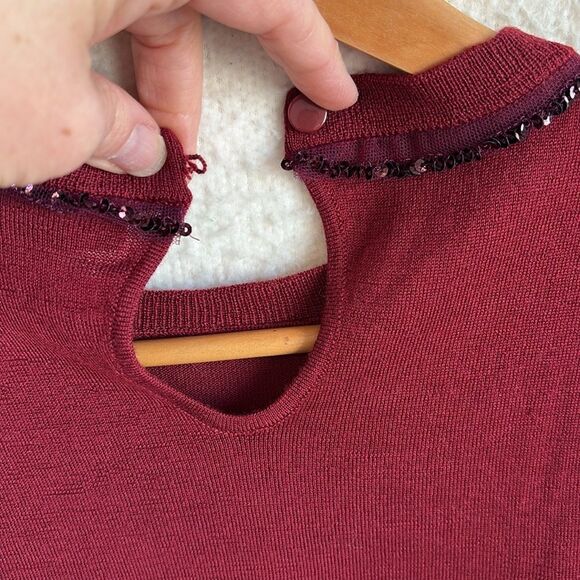 J Crew Carolyn embellished fitted crewneck sweater in merino wool Large Burgundy - Picture 9 of 11